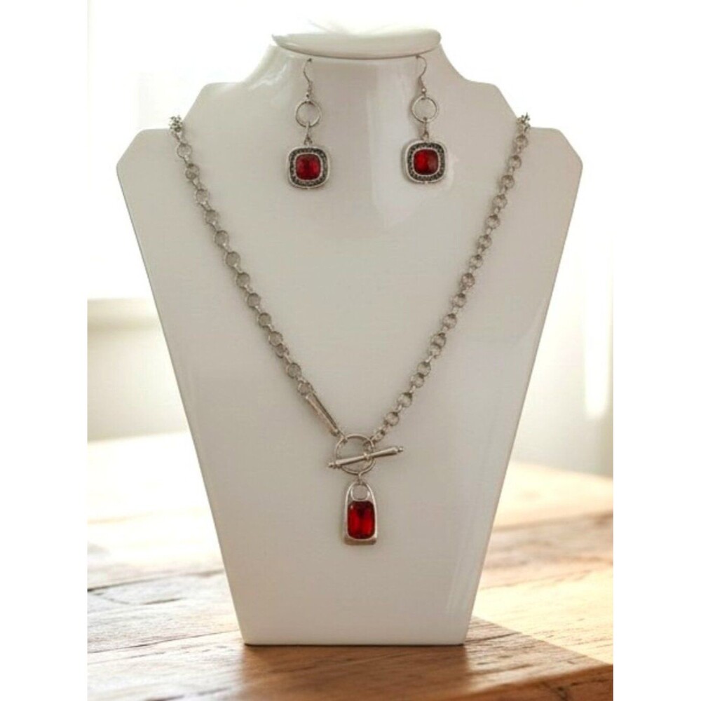 Avens‎ Turkish Antique Silver-Tone Necklace and Earrings Set with Red Stones